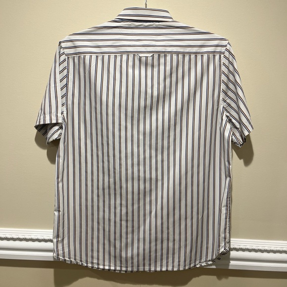 Mens White and blue/yellow striped short sleeve button up shirt - Picture 2 of 3
